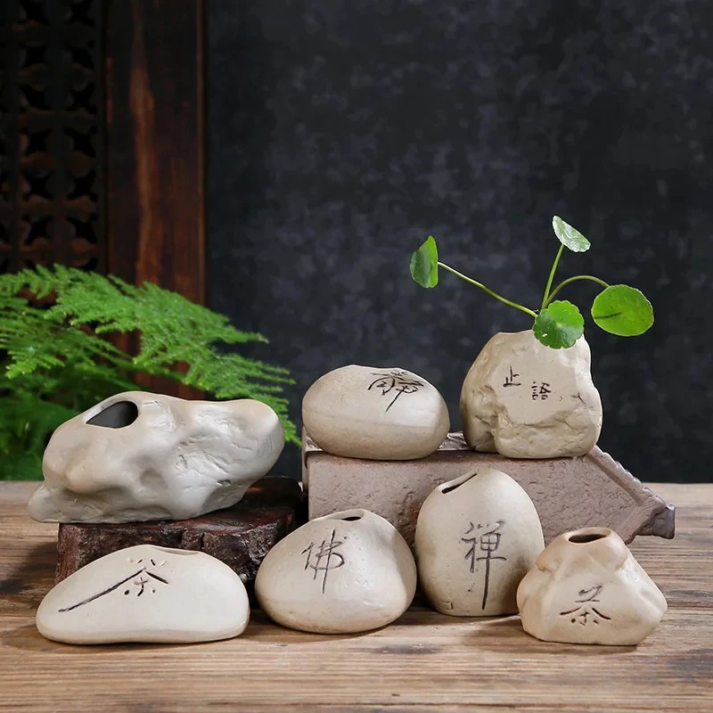 Mini Ceramic Vase Imitated Stone Flower Arrangement Decor Hydroponic Flower Plant Vase Chinese Style Zen Home Office Decoration