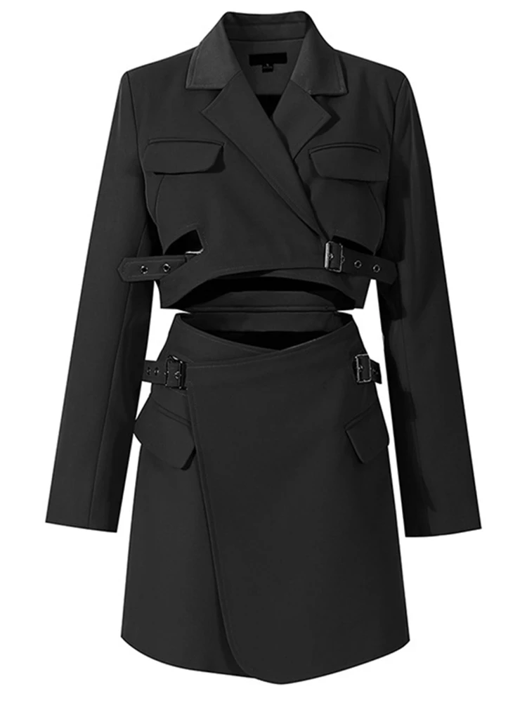 EAM-Robe Blazer Ajourée Croisée Bleue à Revers et Manches sulfpour Femme, Nouvelle Collection Printemps Automne 2024, 1DE3323