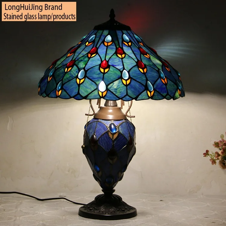 16 Inch Colored Glass Amp Study Living Room Tiffany European and American Table Lamp Crystal Beads Decorative Lamp
