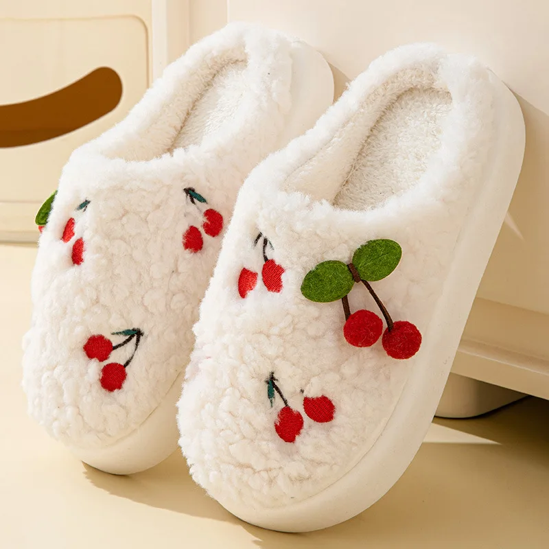 New Women Winter Warm Fuzzy Slippers 3D Cherry Patterned Fuzzy Shoes Thick Sole Fluffy Lined Anti-slip House Shoes Man Shoes