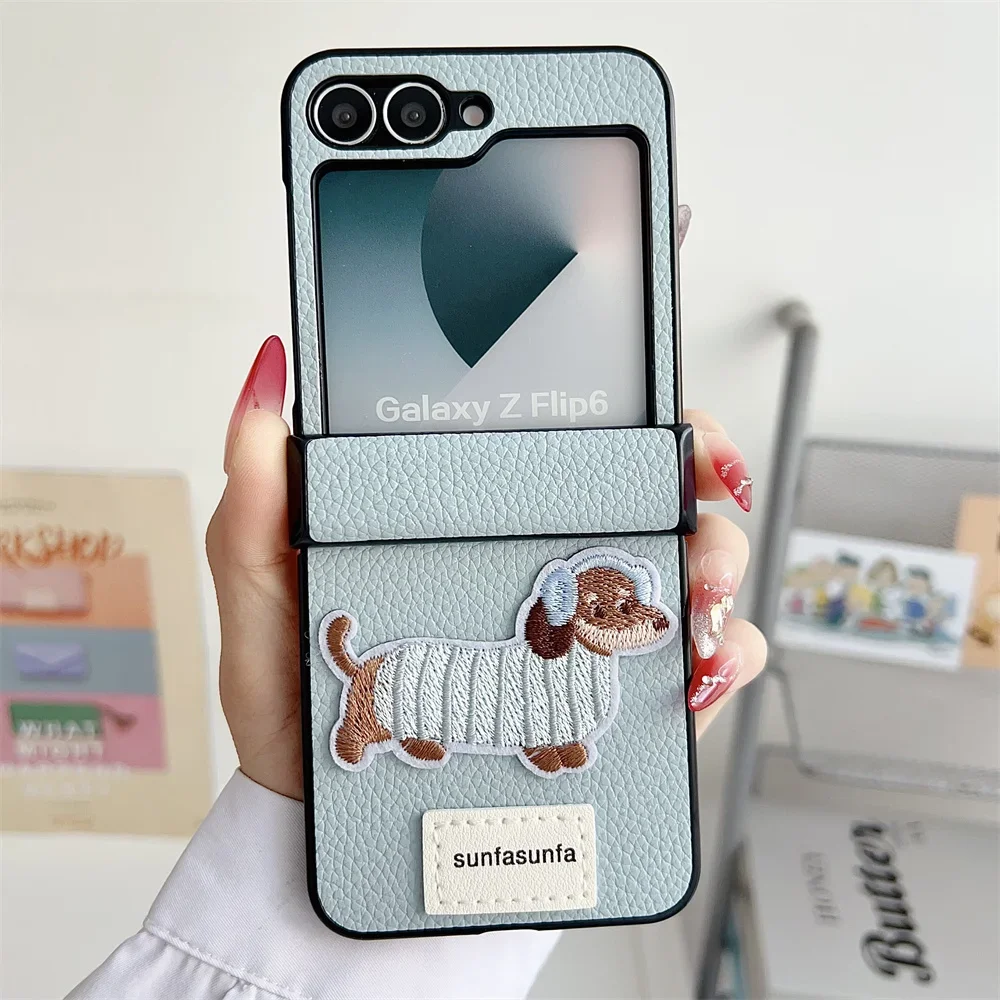 Luxuriöse niedliche Cartoon-Wursthund-PU-Leder-Handyhülle für Samsung Galaxy Z Flip 7, 6, 5, 4, 3, stoßfeste Schutzhülle mit Scharnier