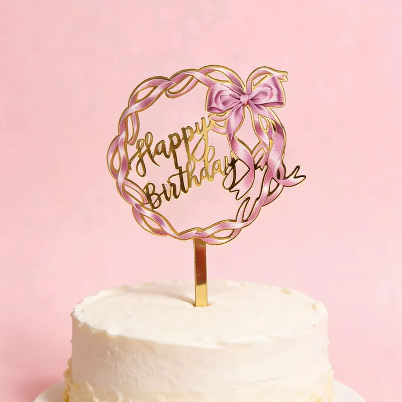 New Bows Happy Birthday Cake Topper Decoration White Gold Acrylic Cake Flags for Baby Shower Party Cake Toppers Baking Supplies