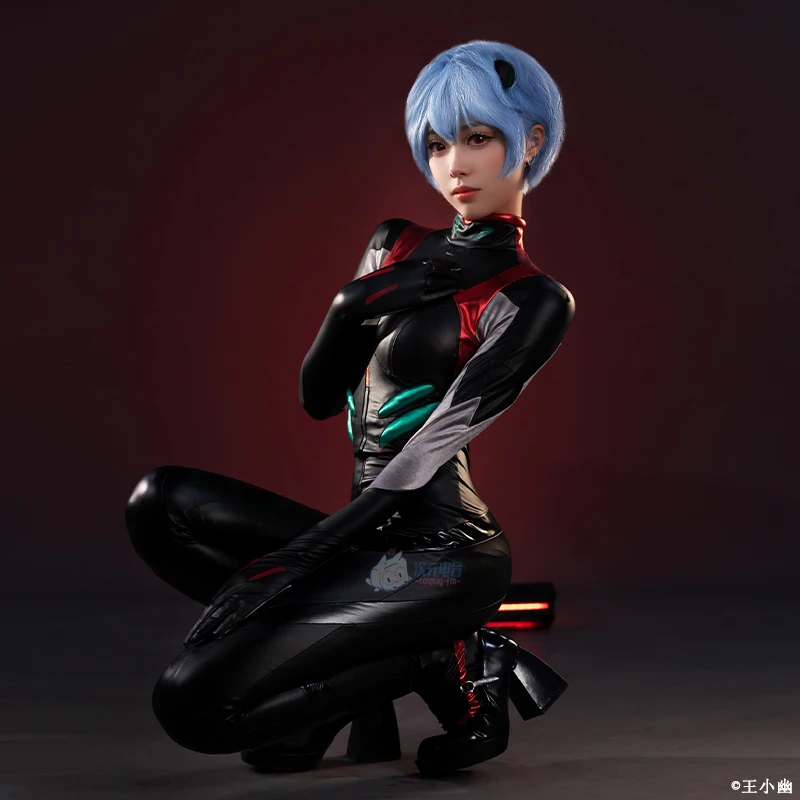 Anime Ayanami Rei Cosplay Costume Wigs Women Sexy Leather Jumpsuit Headwear Suit Racing Bodysuit Uniform Halloween Party Clothes
