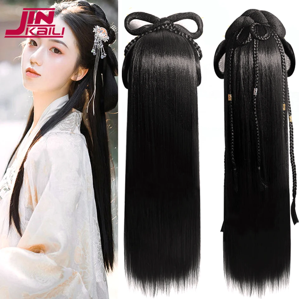 JINKAILI Women Synthetic Hanfu Headband Hair Extension Chinese Style Cosplay Antique Hairpiece Hair Accessories Headdress Black