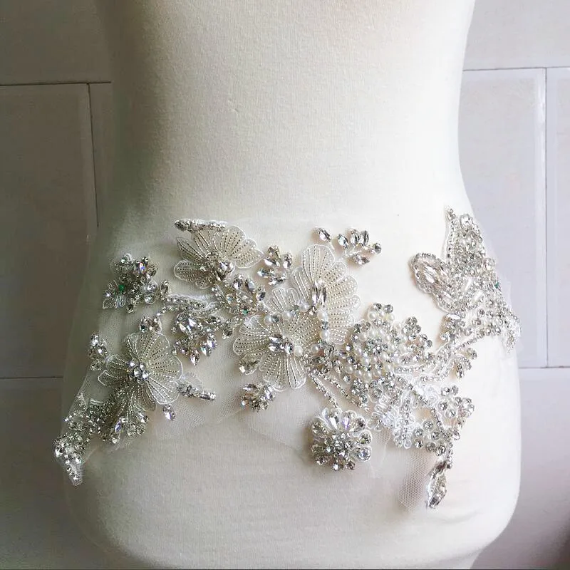 2PCS/1 Pair 17*37CM Hand Sewn Glass Diamond Mirror Flower Water Diamond Flower Belt Shoulder Wedding Dress DIY Patch RS4833