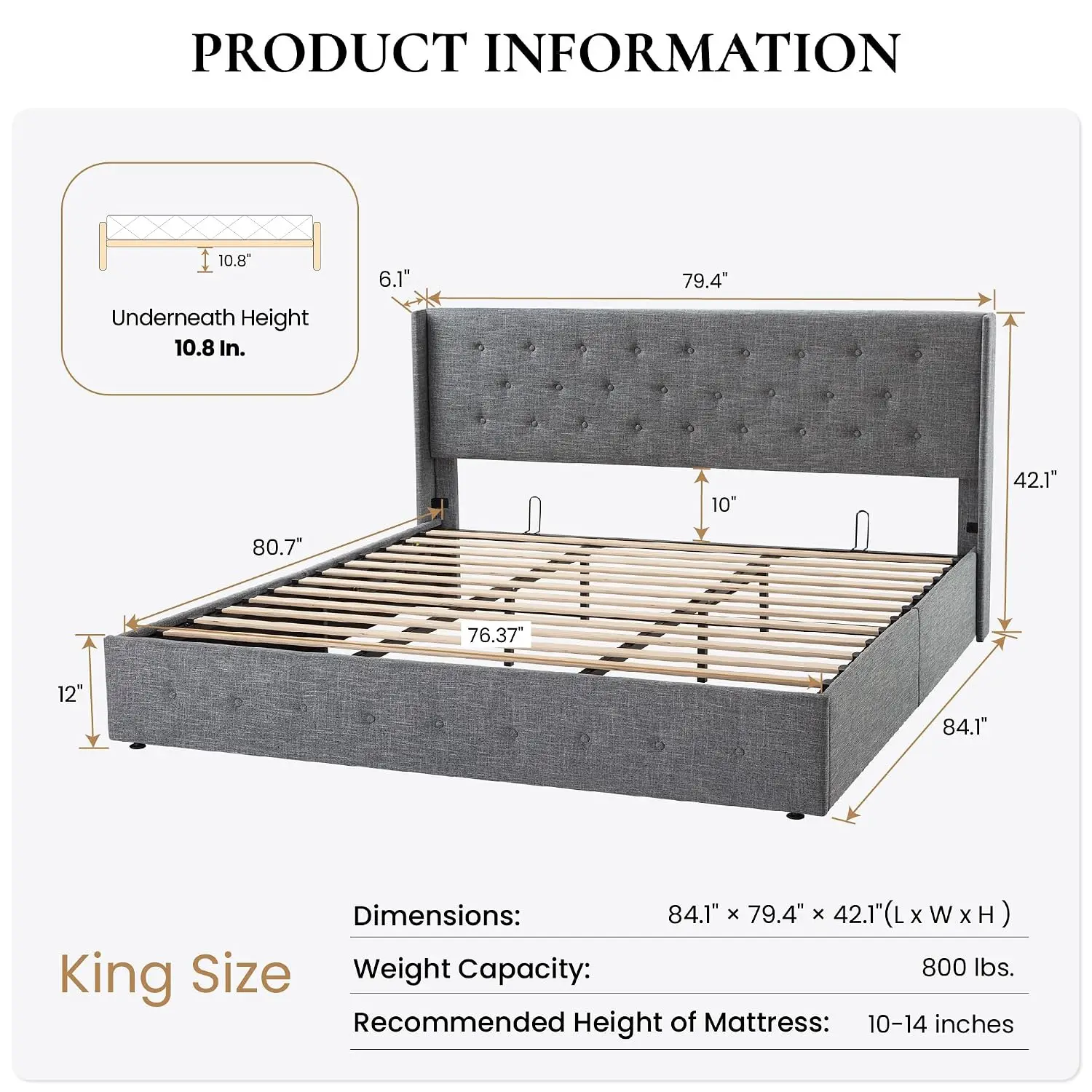 King Size Hydraulic Storage Bed Frame with Lift Up Mechanism, Customized