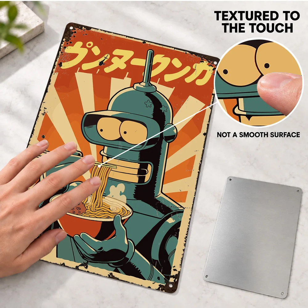 Bender Eating Ramen Textured Metal Poster Retro Bold Contemporary Illustration Cafe Wall Art Customized Aluminum Sign Fan Gift