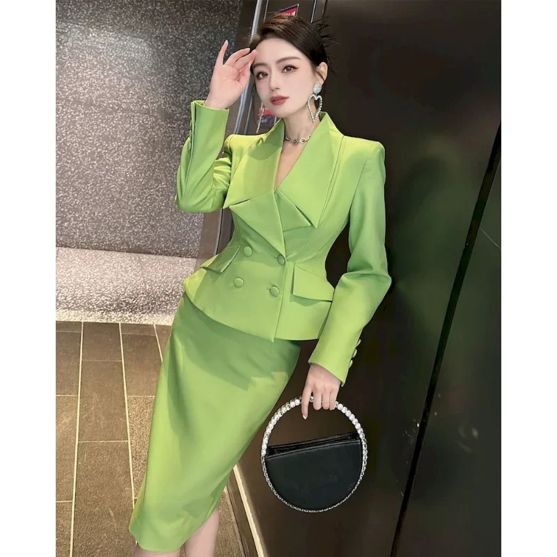 Insozkdg Casual Cutting Fashion Office Suit Double-breasted SLIM Blazer A Line Skirt Women Solid Color Two Piece Set for