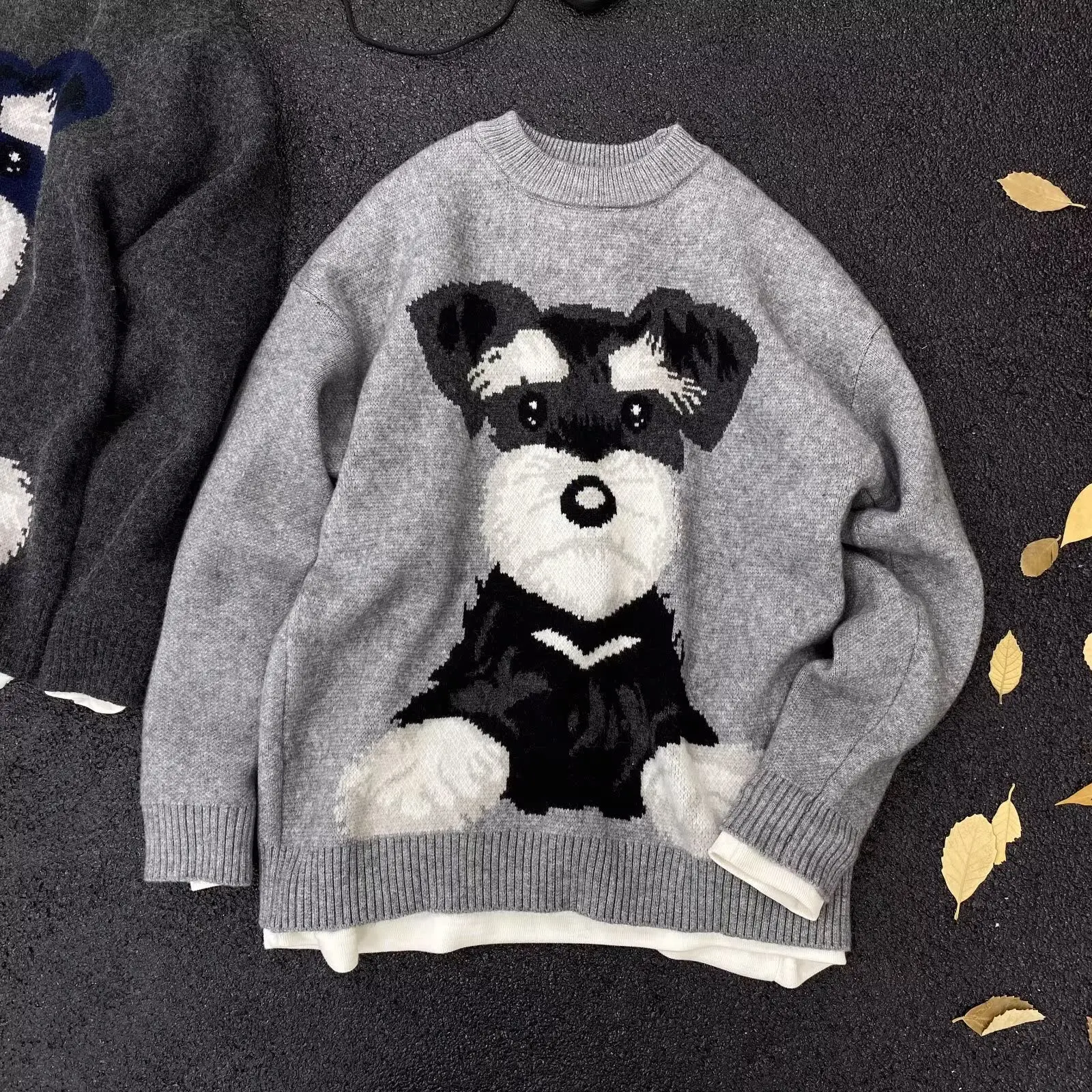 

Men's Casual Knitted Sweater round Ne Dog Pattern Large Size 250 Pou Retro Lazy Sle Couple's Leisure Base Layer Sweater