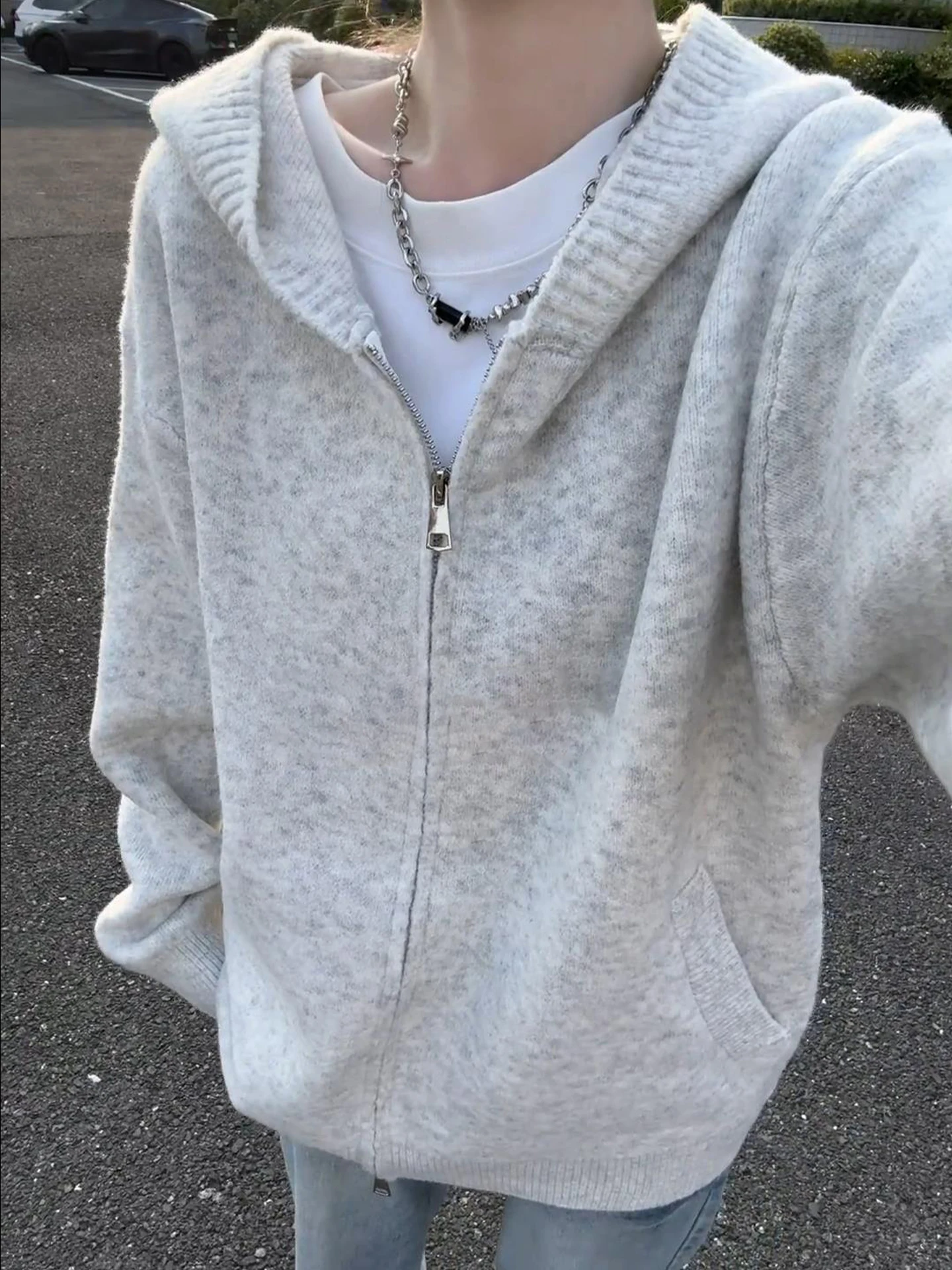 

Корейский вязаный свитер-кардиган на молнии для мужчин и женщин, свободный крой, удобный, с длинными рукавами, с капюшоном, повседневная осенняя модная верхняя одежда