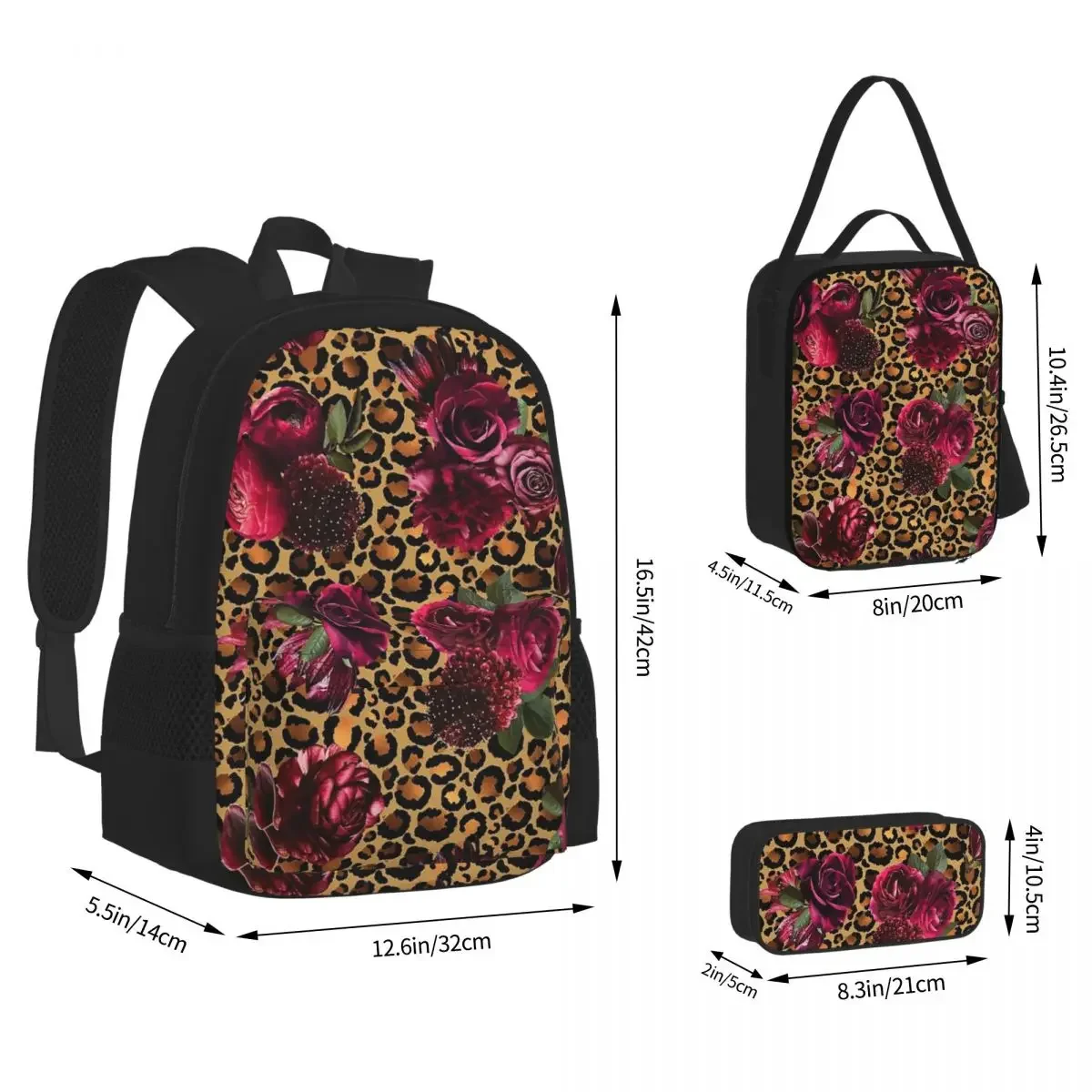 Leopard Roses Backpacks Boys Girls Bookbag Children School Bags Cartoon Kids Rucksack Lunch Bag Pen Bag Three-Piece Set