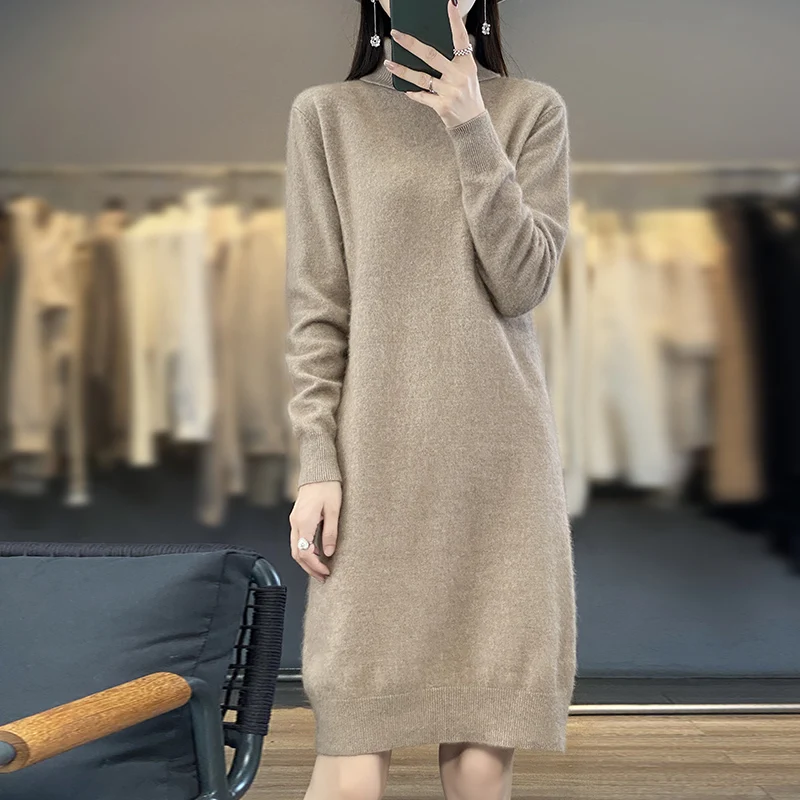 Female New 2023 Autumn And Winter Mink Cashmere Sweater Woman High Turn-Down Collar Long Dress Pullover Knitted Bottoming Skirt