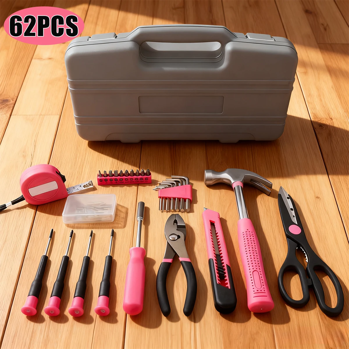 

62pcs Pink Women'S Toolbox - General Household DIY Tool Set. Pink Ladies' Indispensable Hand Tools