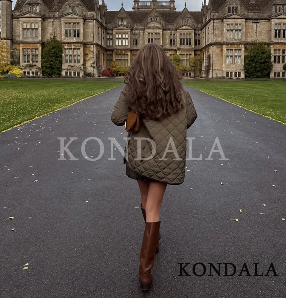 KONDALA Herfst Winter Ruit Losse Jas Dames Revers Zakken Knoppen Padding Jas 2025, Mode Elegante Casual Dames Jas Jas