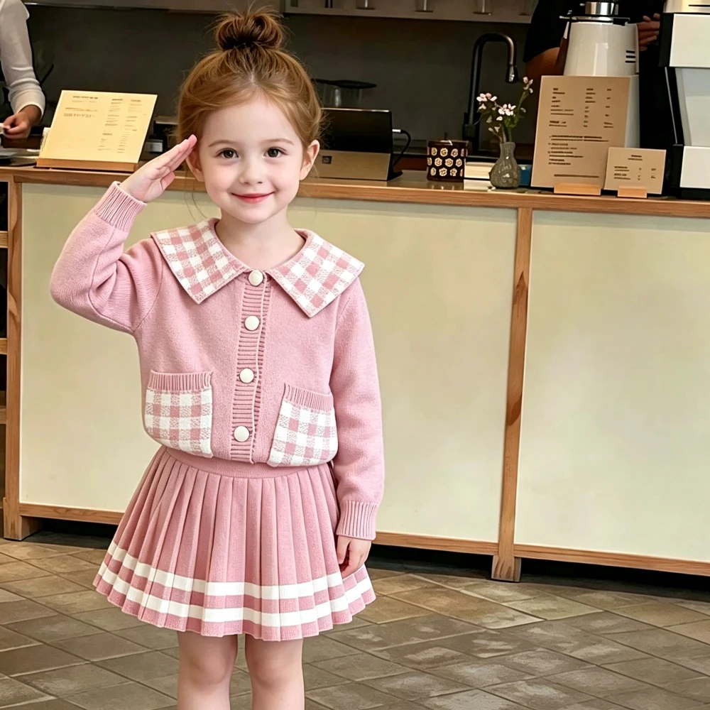 Korean Version Sweet Cute Kids Clothes Autumn and Winter Sweater Sets Girls' Clothing Long Sleeved Checkered Top + Short Skirt