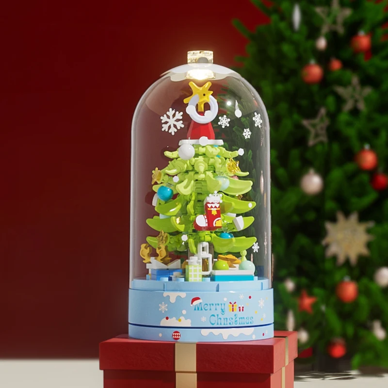 Conjuntos de construcción de árboles de Navidad, caja de música giratoria, juguetes con una varilla ligera, juguetes de construcción, regalos de Navidad para niños y niñas