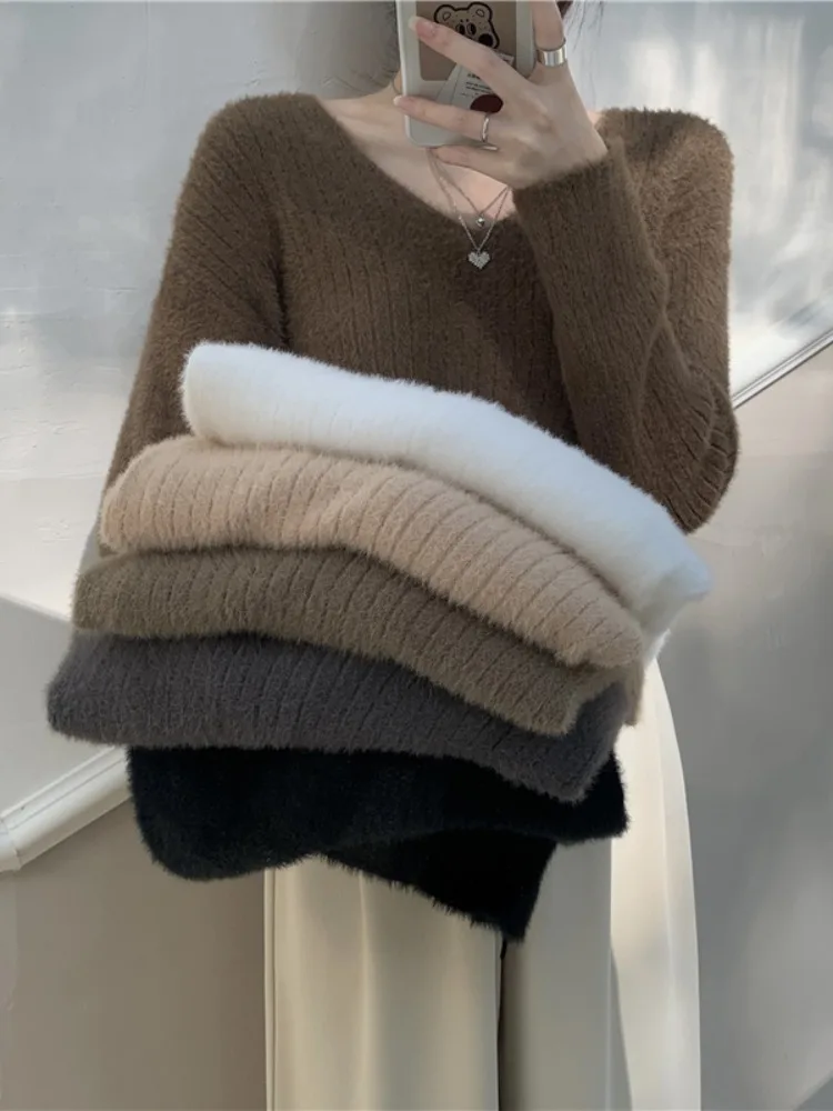 

Soft Cozy V-Ne Long Sve Loose Knitted Base irt Women's Early Autumn Lazy Sle Sweater Slimming Top Commute Sle