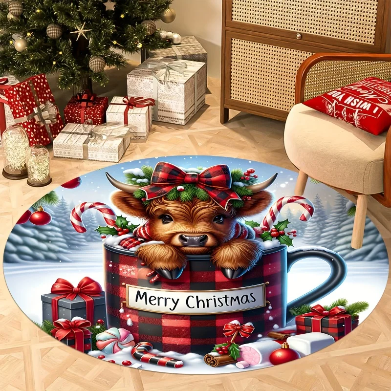 Highland Cow Christmas Round Rug,Plaid Mug Winter Scene Printed Circular Floor Carpet Merry Xmas Indoor Home Decoration