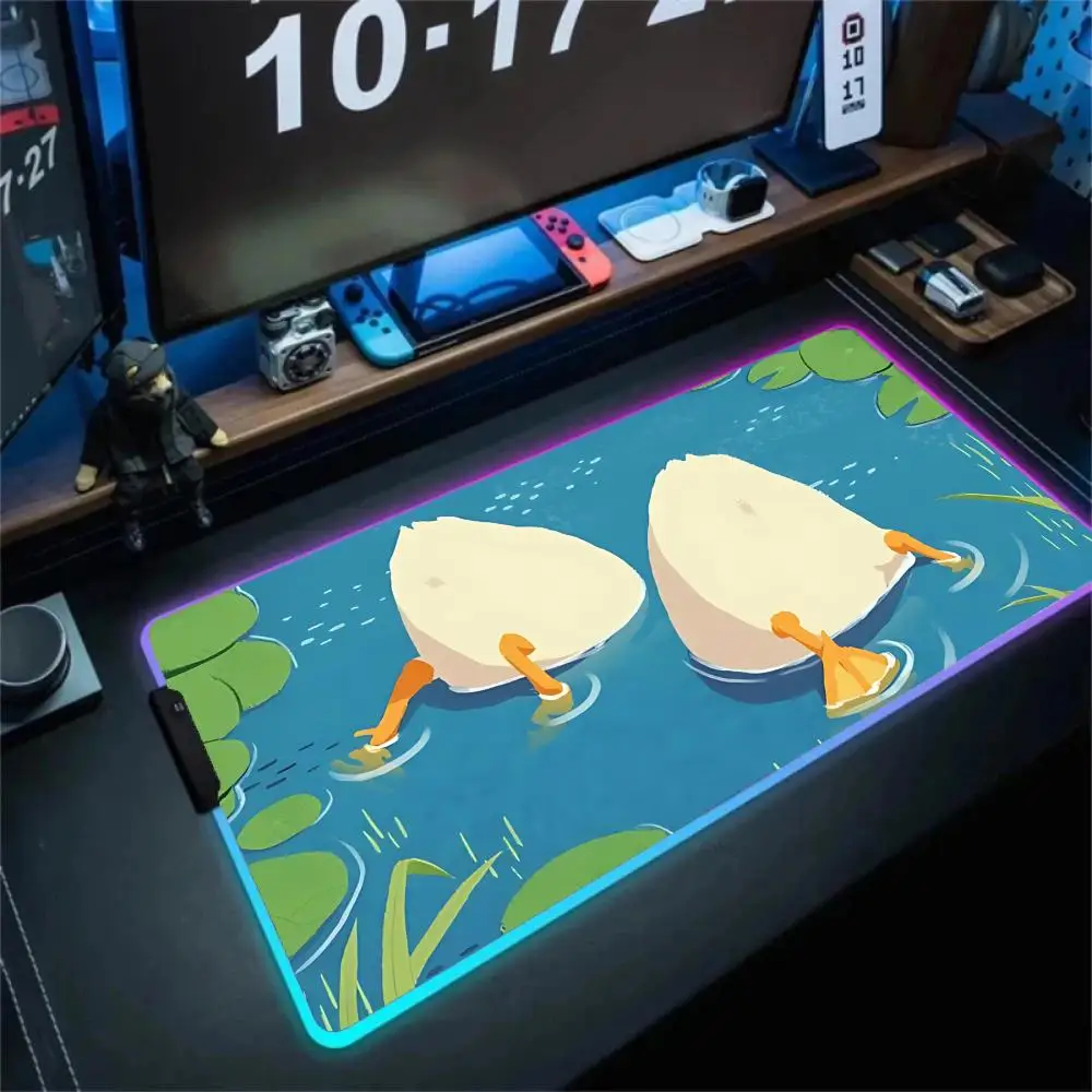 귀여운 오리 마우스 패드 XXL RGB 게이밍 마우스 패드 게이머 액세서리 대형 LED 조명 마우스패드 PC 컴퓨터 책상 매트 (백라이트 포함)