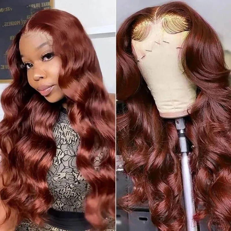 Rambut palsu coklat kemerahan 30 38 inci Brasil gelombang tubuh 13x6 Wig depan renda rambut manusia 250% gelombang air HD Wig Frontal renda transparan