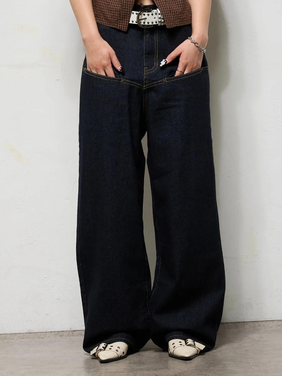 REDDACHiC Jeans de barril azul marino para mujer Unisex calle Retro suelto sólido Casual pierna ancha pantalones vaqueros de cintura baja uso diario