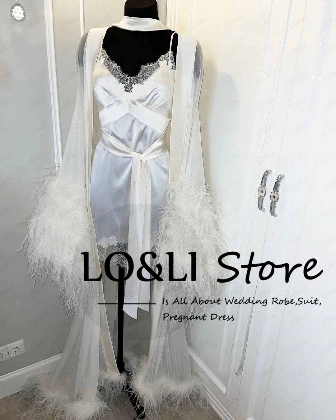 

LO&LI 2 Piece Bride Fur Robe For Women Wedding Morning Robe Sexy Silk Feather Gown Dress Summer Lace Patches Pajamas Sleepwear