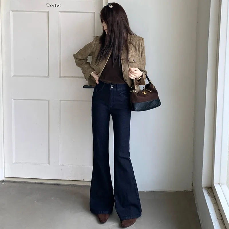 High Waist Bell Bottom Jeans Women's Autumn New Style Elastic Slimming Double Buckle Floor Length  Hoof Pants