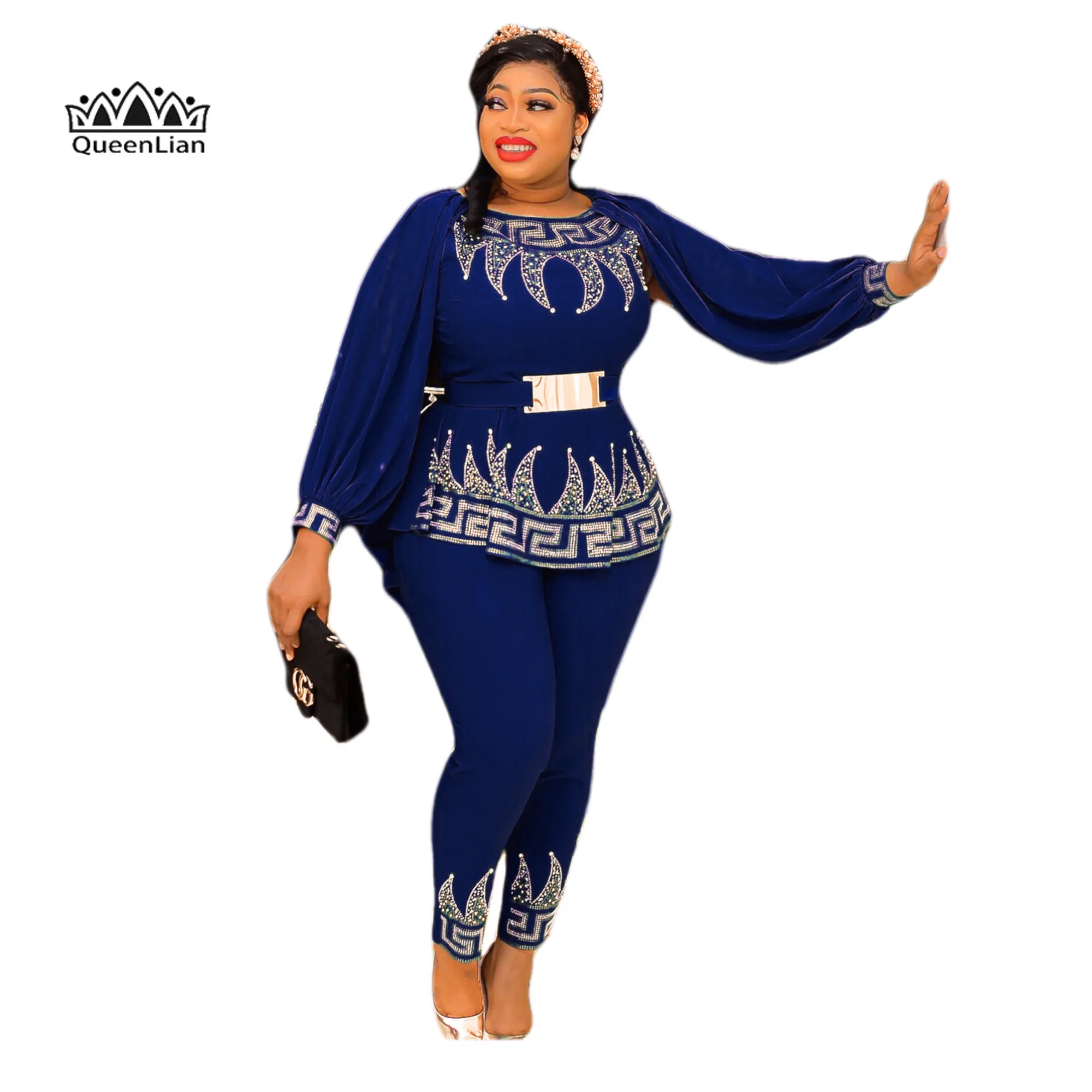 Stunning Fashion Rhinestone Waist Top with Slim Fit Pants Set and Belt - 3-piece African Suit Clothing African Clothes for Women