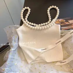 Camiseta sin mangas con cuello de perlas blancas para mujer, Top corto de punto Sexy, ajustado, novedad de verano 2023