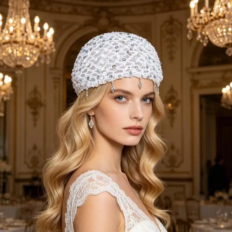 2026 New Evening Outfit Crochet Cap with Disc Embellishment Open Weave Pull On Hat Size 55-59 for Party Styling Use