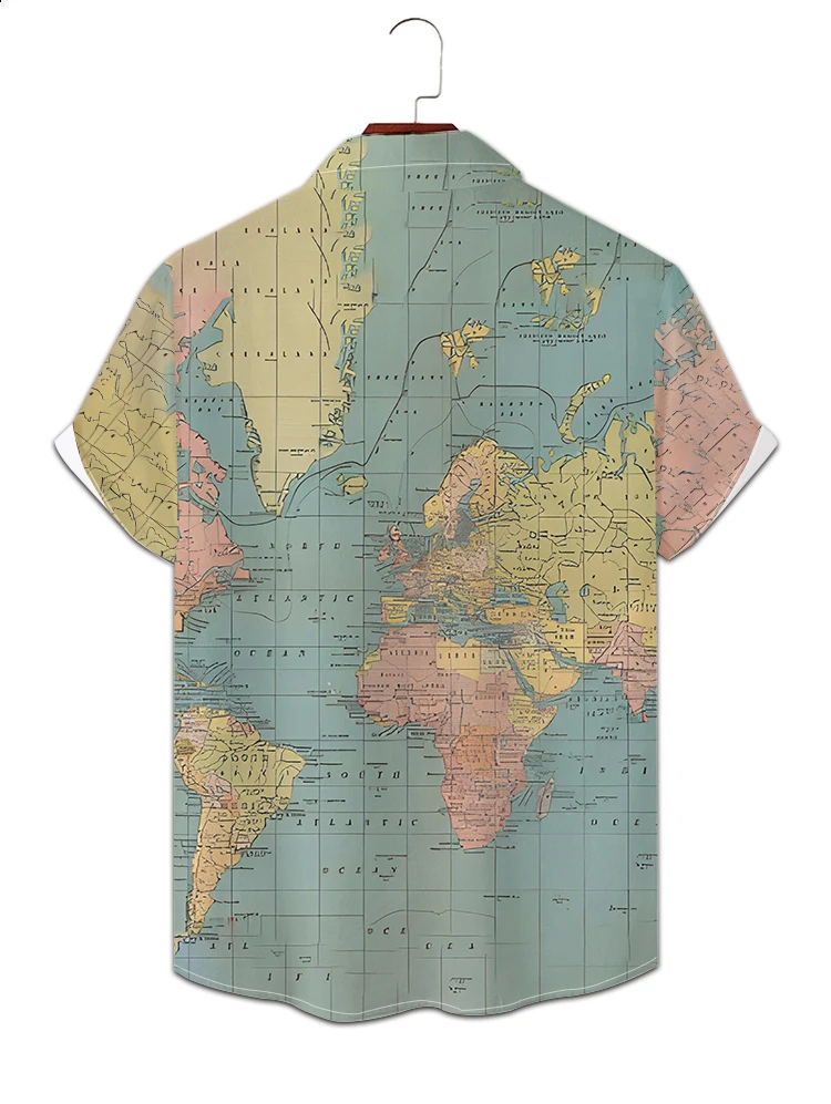 Summer European and American fashion men's international map 3D digital printing lapel short-sleeved shirt