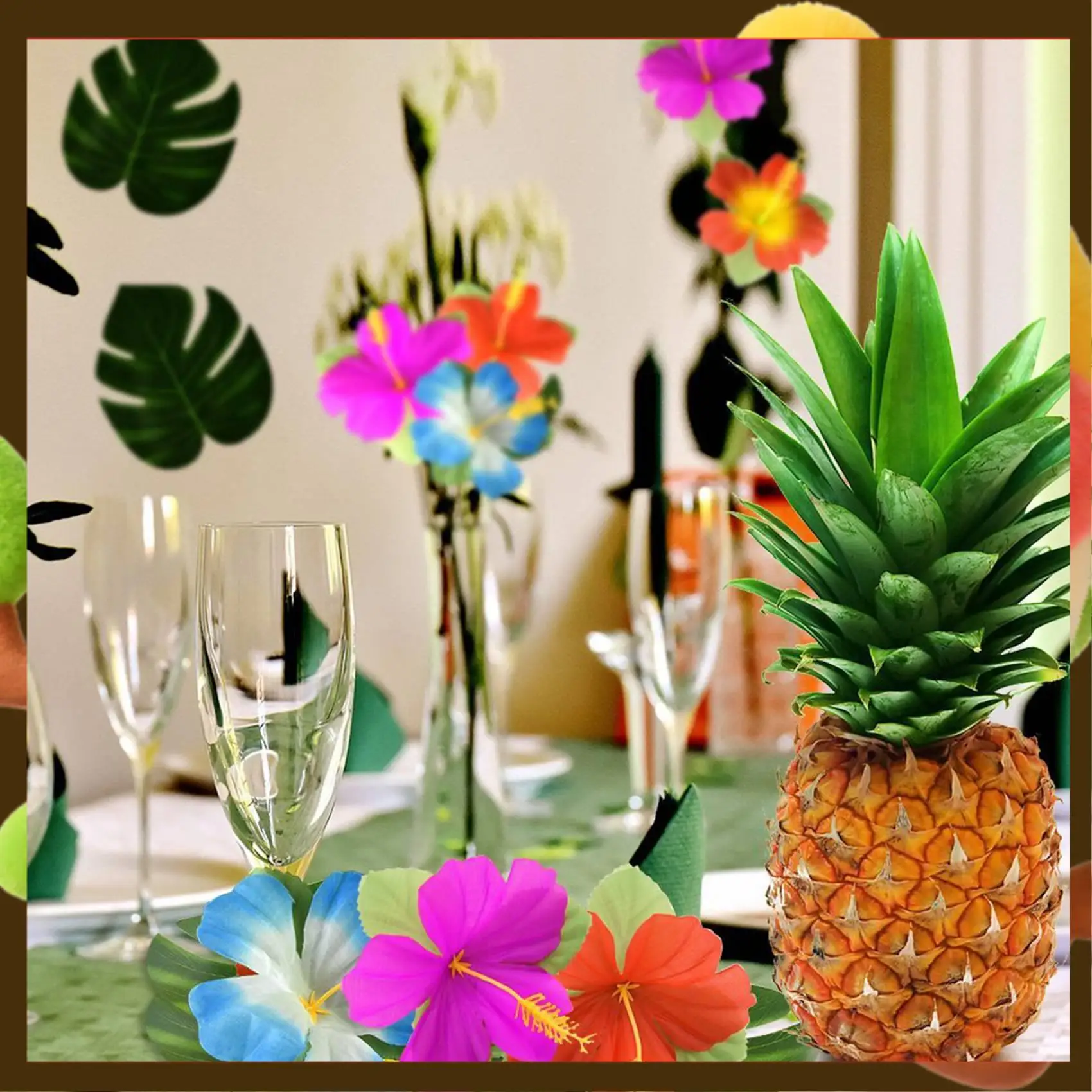 

120 Pcs Tropical Party Decoration Supplies 8 Inch Tropical Palm Monstera Leaves And Hibiscus Flowers, Simulation Leaf-Retail