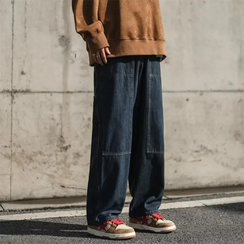 Street Hip Hop Paneled Used Washed Jeans Men's Trendy Brand Loose Wide Leg Casual Straight Pants New Trend