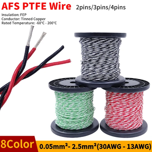 Cable de PTFE AFS200, 2 pines, 26/25/24/22/20/18/17/15/13AWG, par trenzado FEP, cobre estañado, Cable de señal electrónica DIY de alta temperatura