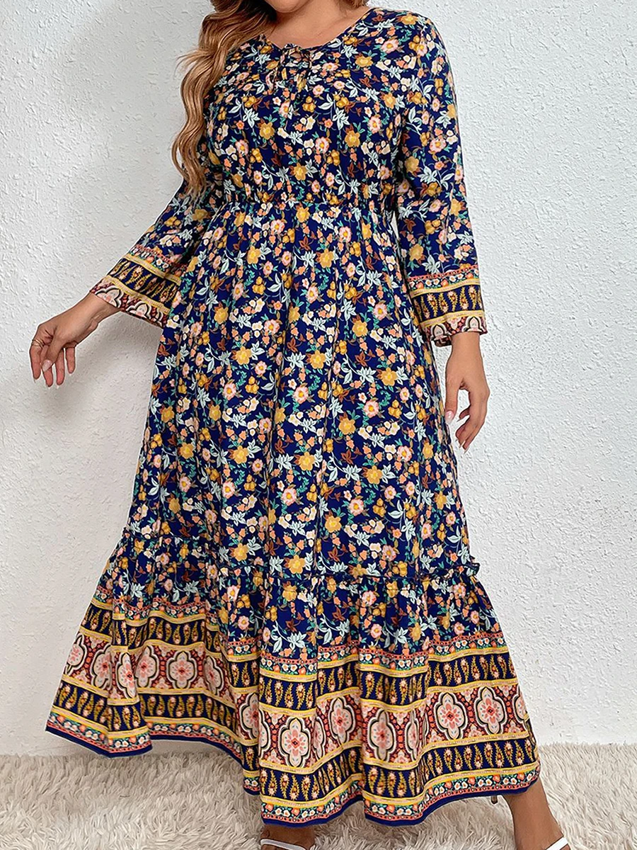 New Fashion Women Long Dress Loose Boho Floral Print Tie-Up V Neck Long Sleeve A-Line Dress For Fall XL-4XL