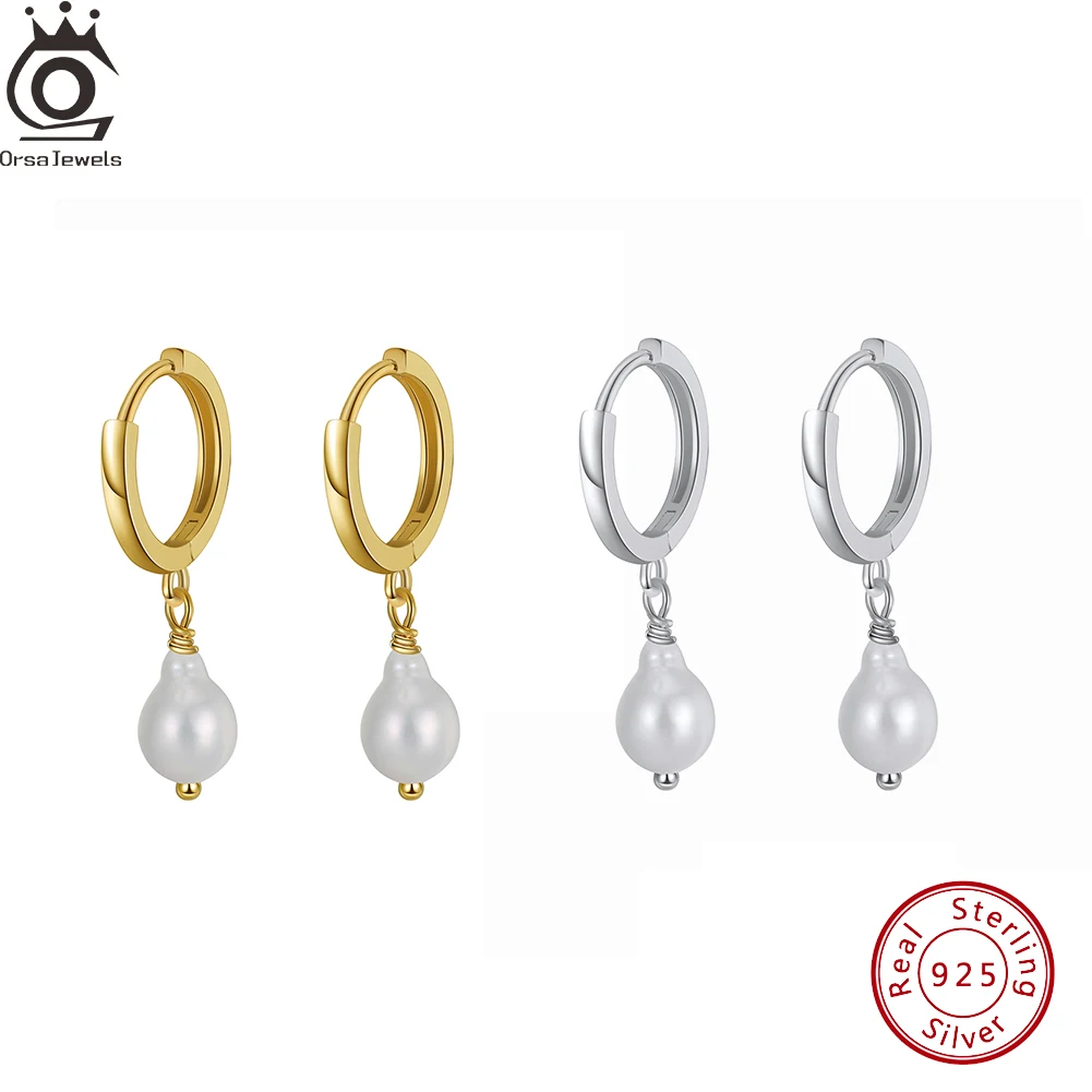 

ORSA JEWELS Silver 925 Vintage 9mm Real Pearl Drop Earrings For Woman Charms Hoop Ear Fine Jewelry For Girls Dropshipping GPE15