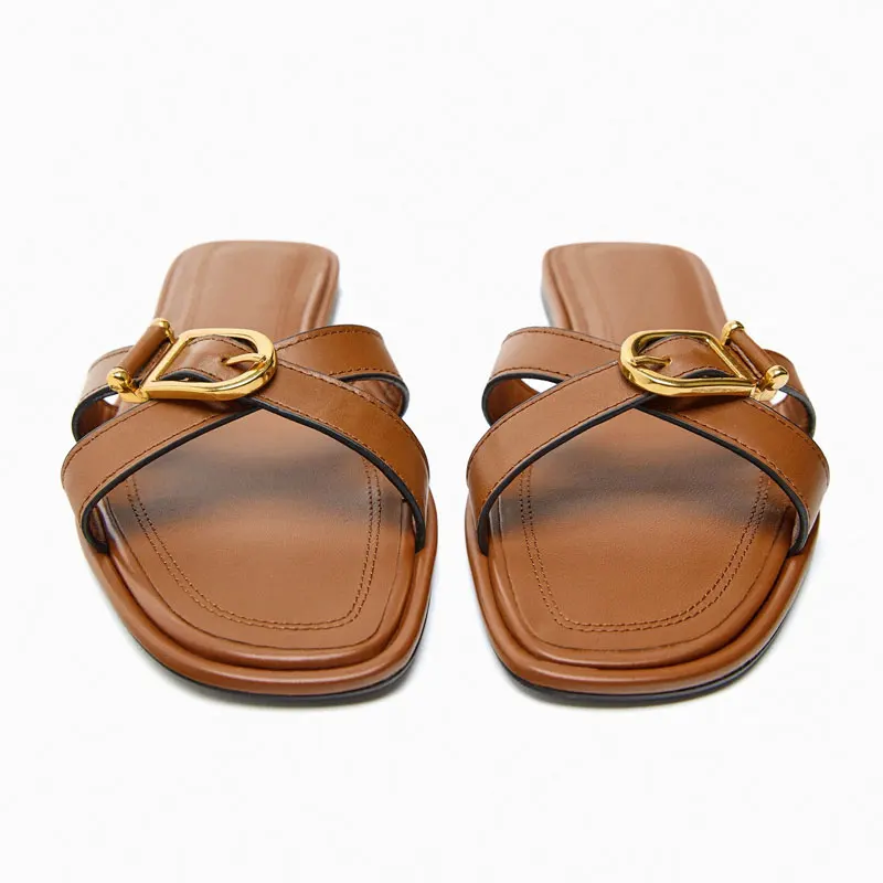 

Fashion Ladies Flats Slippers For Women 2024 Summer Buckle Cross Belt Daily Outside Vacation Beach Shoes Casual Slides Sandals