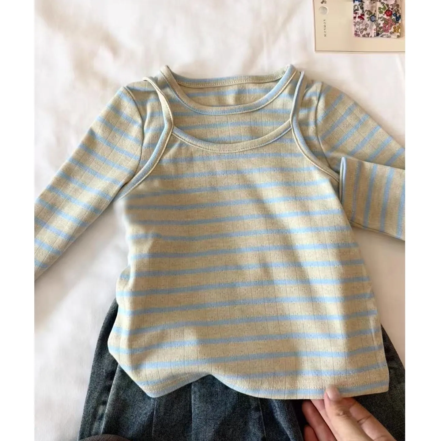 Fashionable Striped Long Sleeve Baby Girl's T-Shirt And Bottom Set Spring Autumn Two-Piece Set Base Shirt Trendy Outfit for Kids