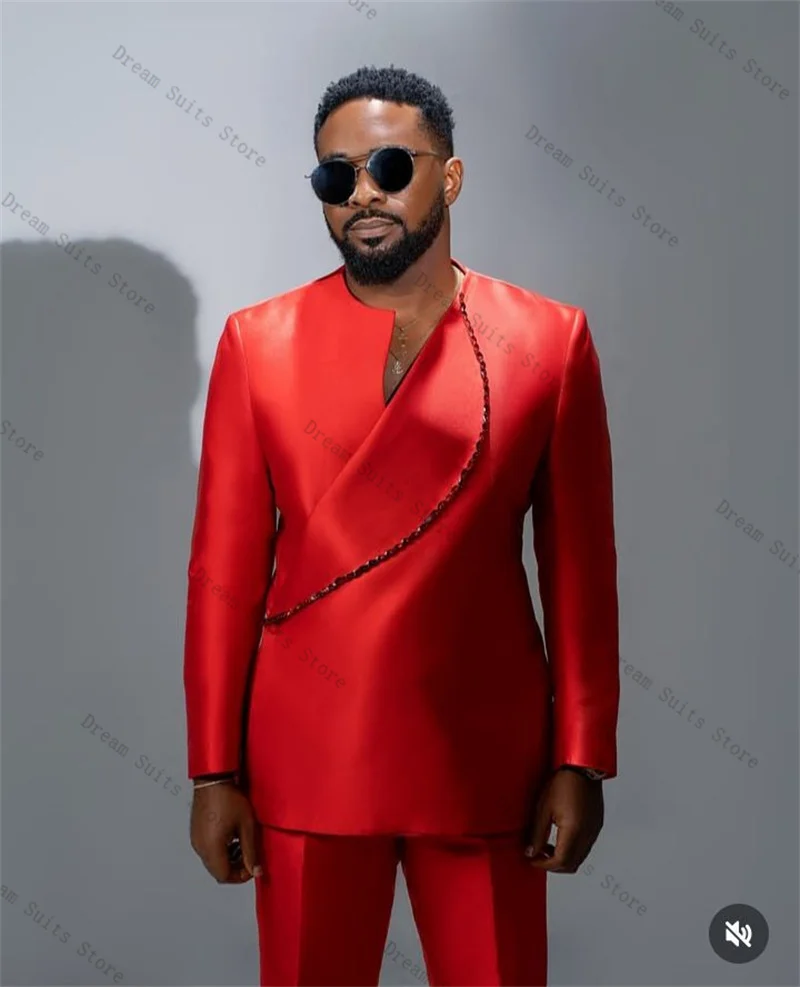 

Red Satin Men Suit Set 2 Piece Beaded Blazer+Pants Trousers Customized Formal Office Jacket Groom Wedding Tuxedos Prom Coat