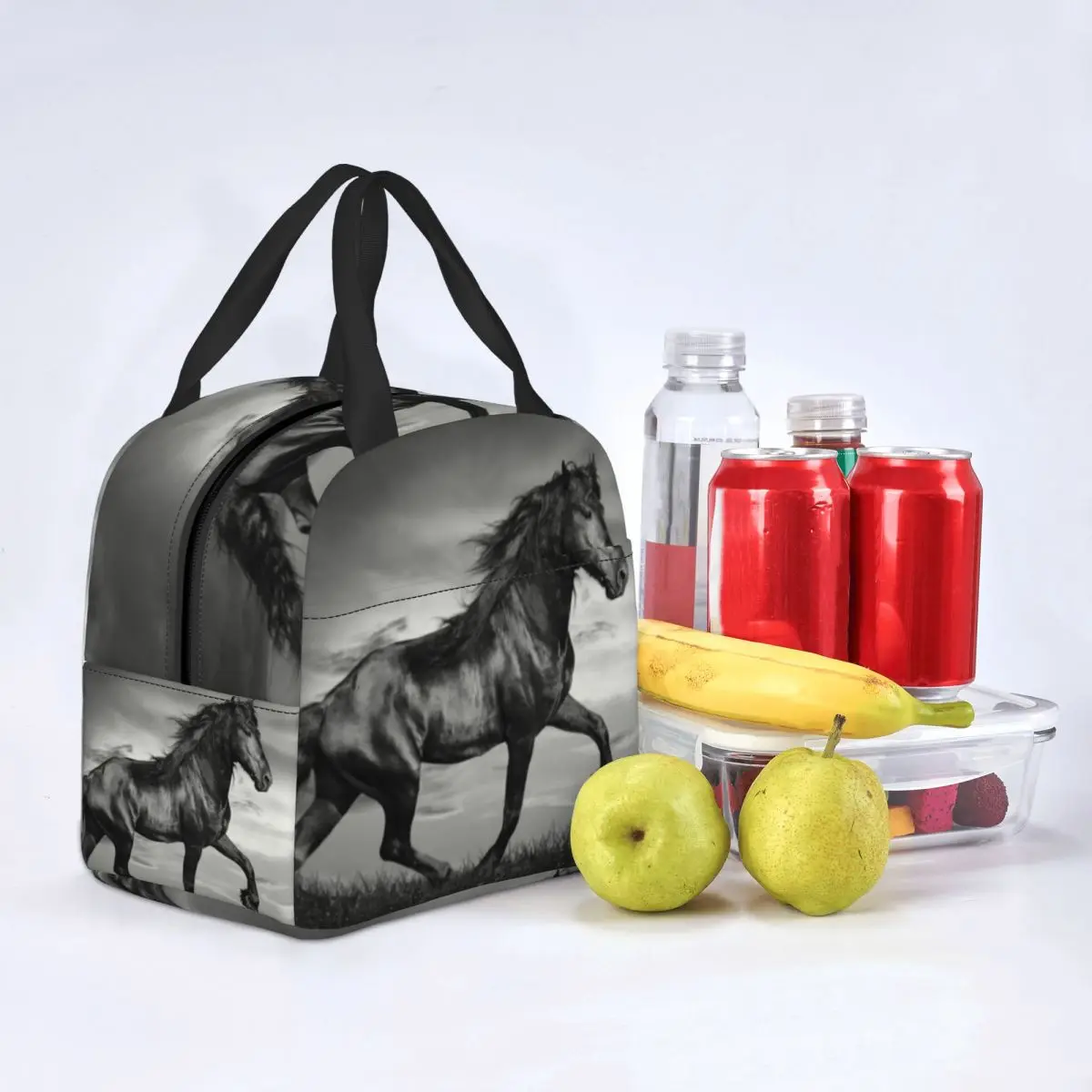 Black Friesian Stallion Prancing Insulated Lunch Bag Resuable Warm Cooler Thermal Horse Lunch Tote Box for Women Kids School