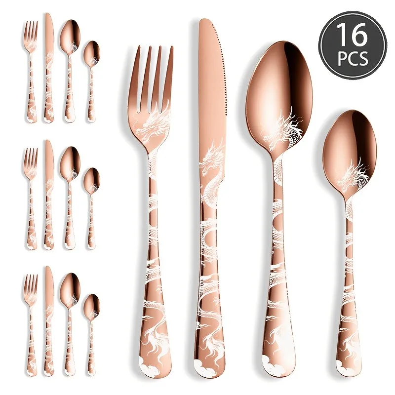 16/24Pcs Dragon Cutlery Set Stainless Steel Flatware Laser Engraved Loong Pattern Mirror Polished Fork Spoon Dessert Spoon Dishw