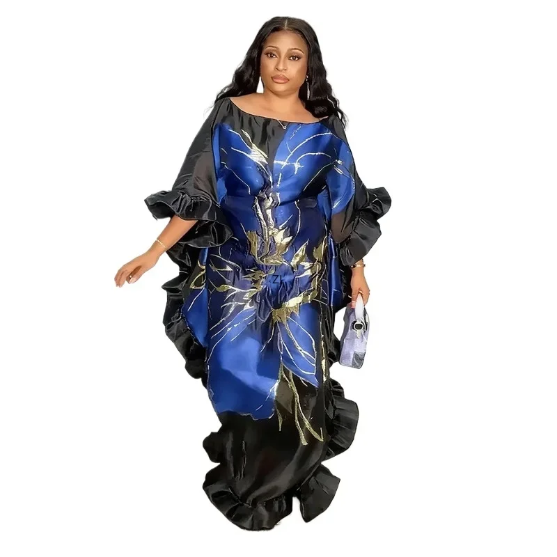 

Plus Size African Clothes Women's Robe Gold Embellishments Ruffled Trim Gown BouBou Djellaba For Wedding Party Gatherings