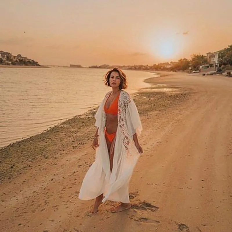 2025 Holiday Chiffon Lace Embroidery Beach Cover Up Sexy Cardigan Loose Casual Sun Protection Shirt Cover Up Cardigan