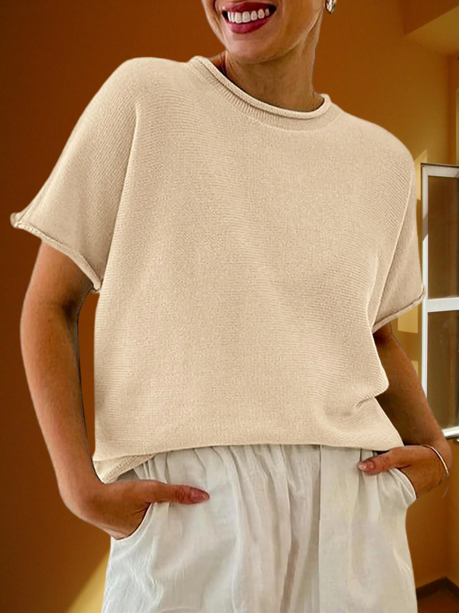 تي شيرت نسائي صيفي أساسي خفيف الوزن - أكمام قصيرة، رقبة مستديرة، قميص محبوك كاجوال فضفاض #5