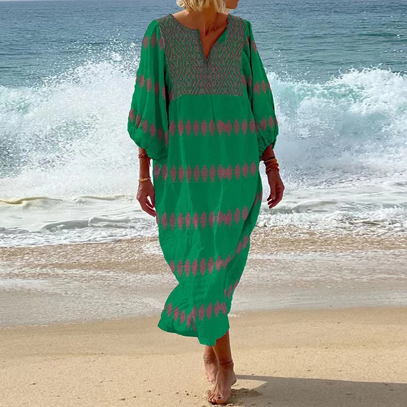 Sexy V Neck Pleated Beach Dress Fashion Long Sleeved Loose Bohemian Dress Spring Summer Pattern Printed Patchwork Women\'s Dress