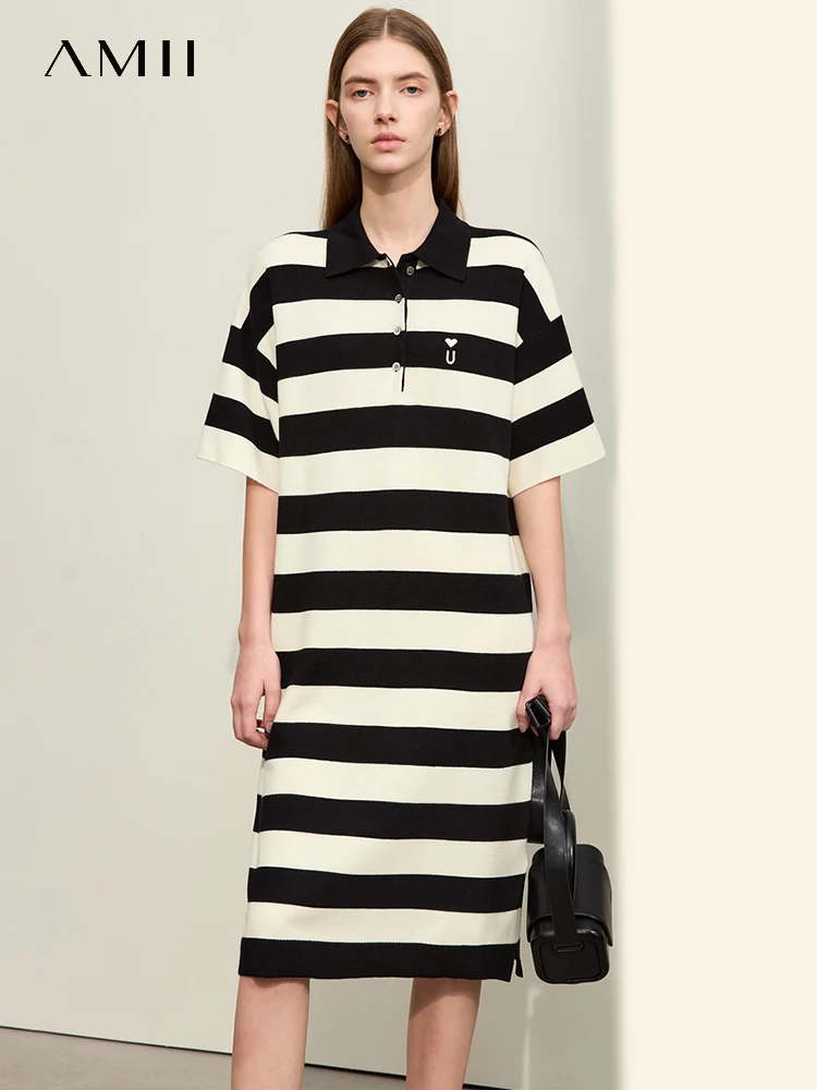 Amii Minimalism Embroidery Striped Dress for Women 2024 Spring New POLO Neck Half Drop Sleeves Casual Knit Dress Loose 12441280