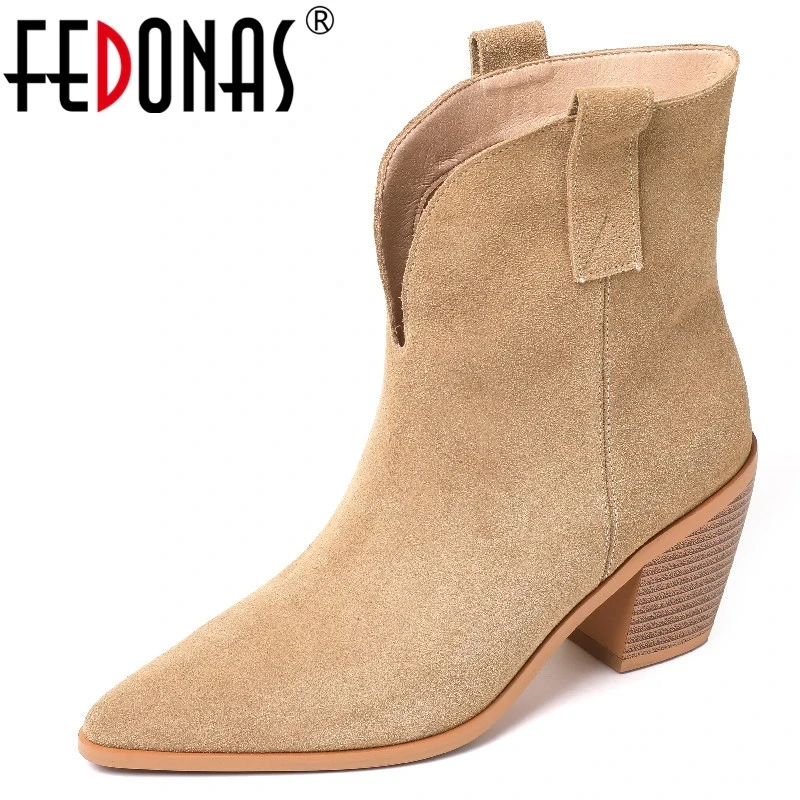 

FEDONAS Western Boots Women Ankle Boots Four Season Cow Suede Leather Thick Heels Pointed Toe Shoes Woman Casual Concise Fashion