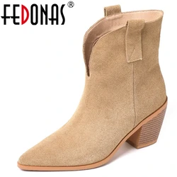 FEDONAS Western Boots stivaletti da donna quattro stagioni in pelle scamosciata di mucca tacchi spessi scarpe a punta donna Casual Concise Fashion