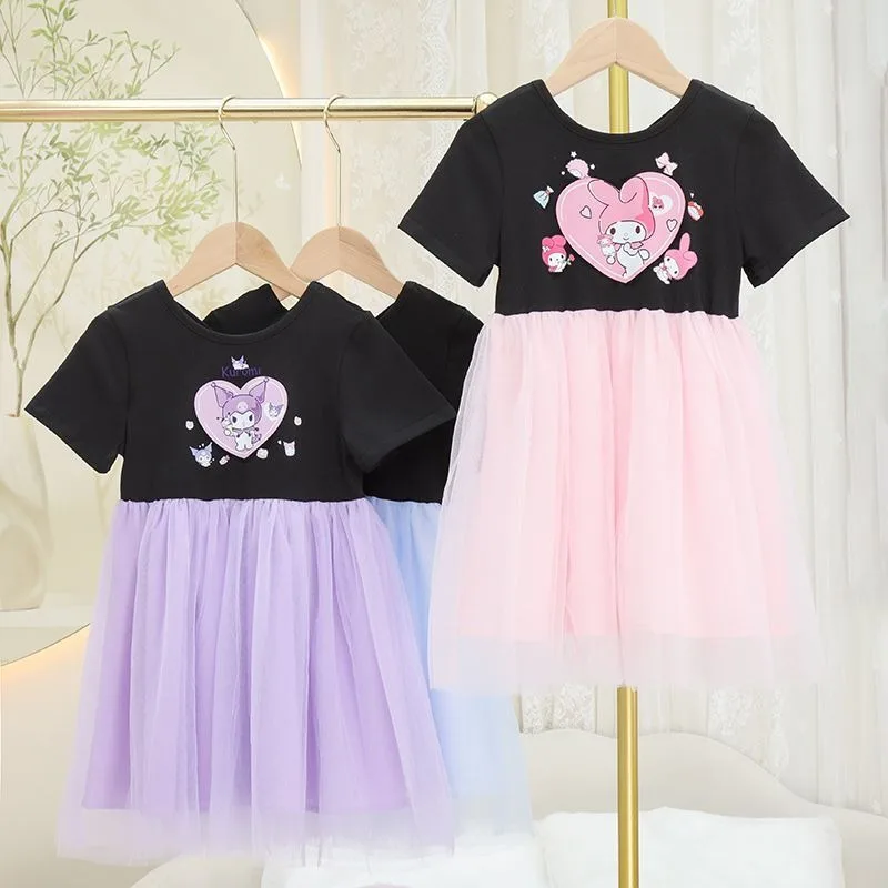 

Spring Summer My Melody Anime Kawaii Sanrio Ins Fashion Short Sleeve Skirt Cute Cartoon Children Mesh Dress Clothes Gifts