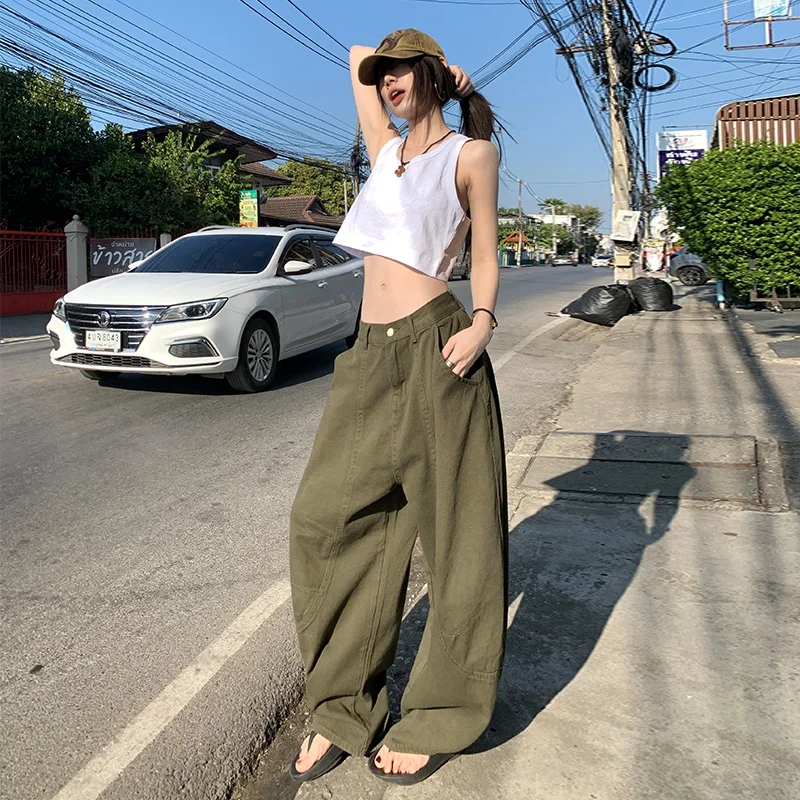 

Retro Olive een Workwear Jeans Women's Loose Wide Leg Pants Spring Summer High Waist Long Trousers Casual Sle